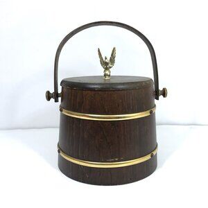 Vintage 70s Motel Ice Bucket Wood Brass Barware